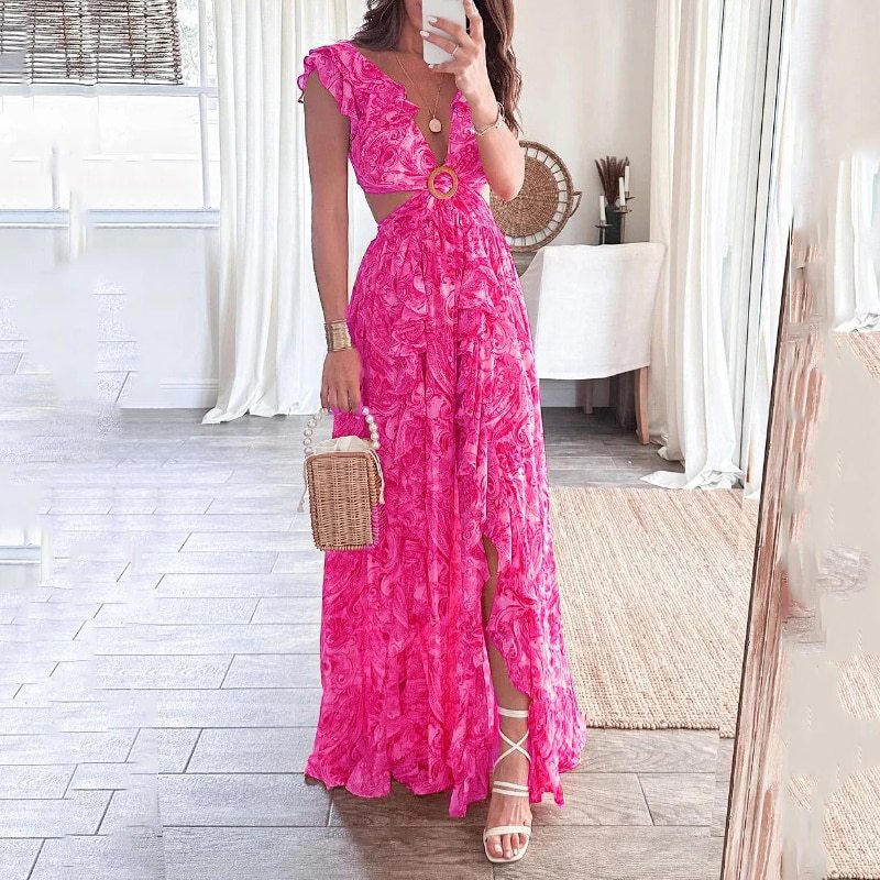 V-Neck Floral Print Cut-Out Slit Dress