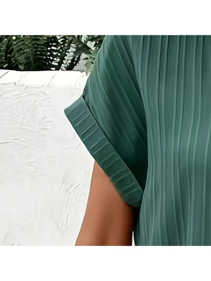 V-Neck Short Sleeve Solid Pullover Button Dress