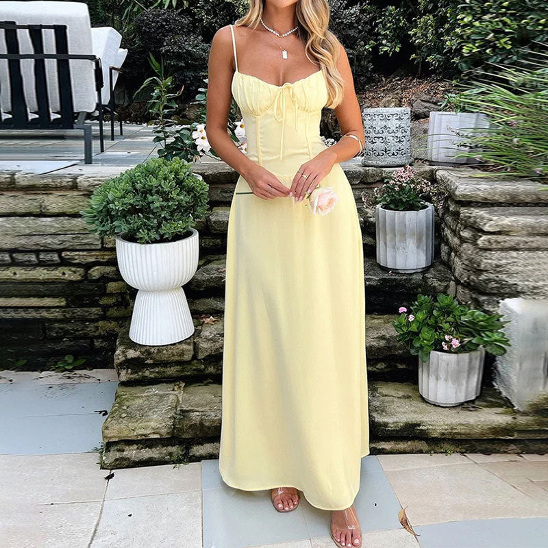 New Elegant Lace-Up Solid Color A-Line Midi Dress