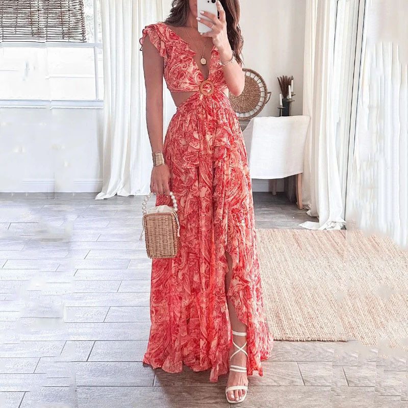 V-Neck Floral Print Cut-Out Slit Dress